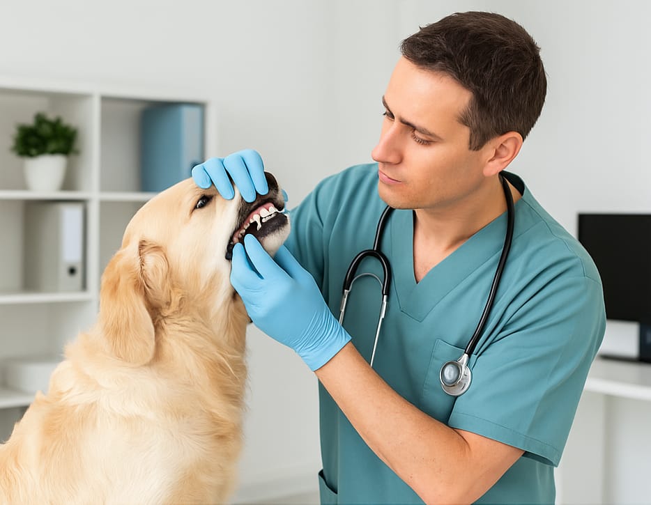 Soins dentaires pour chiens et chats : pourquoi et comment les réaliser un vétérinaire brossant doucement les dents d’un chien dans un cadre professionnel.